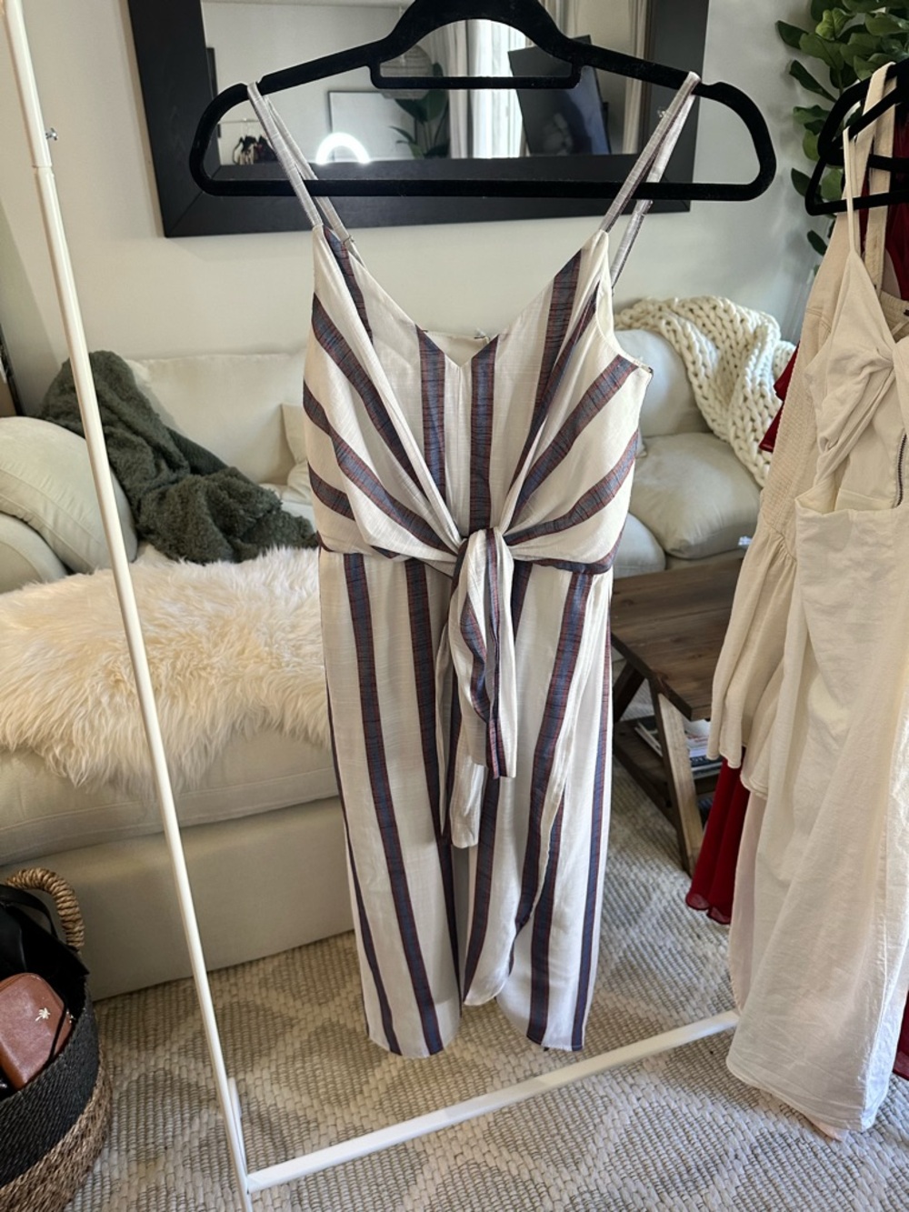 Banana Republic White and Navy Striped Midi Dress with Front Tie 0 - Picture 2 of 10
